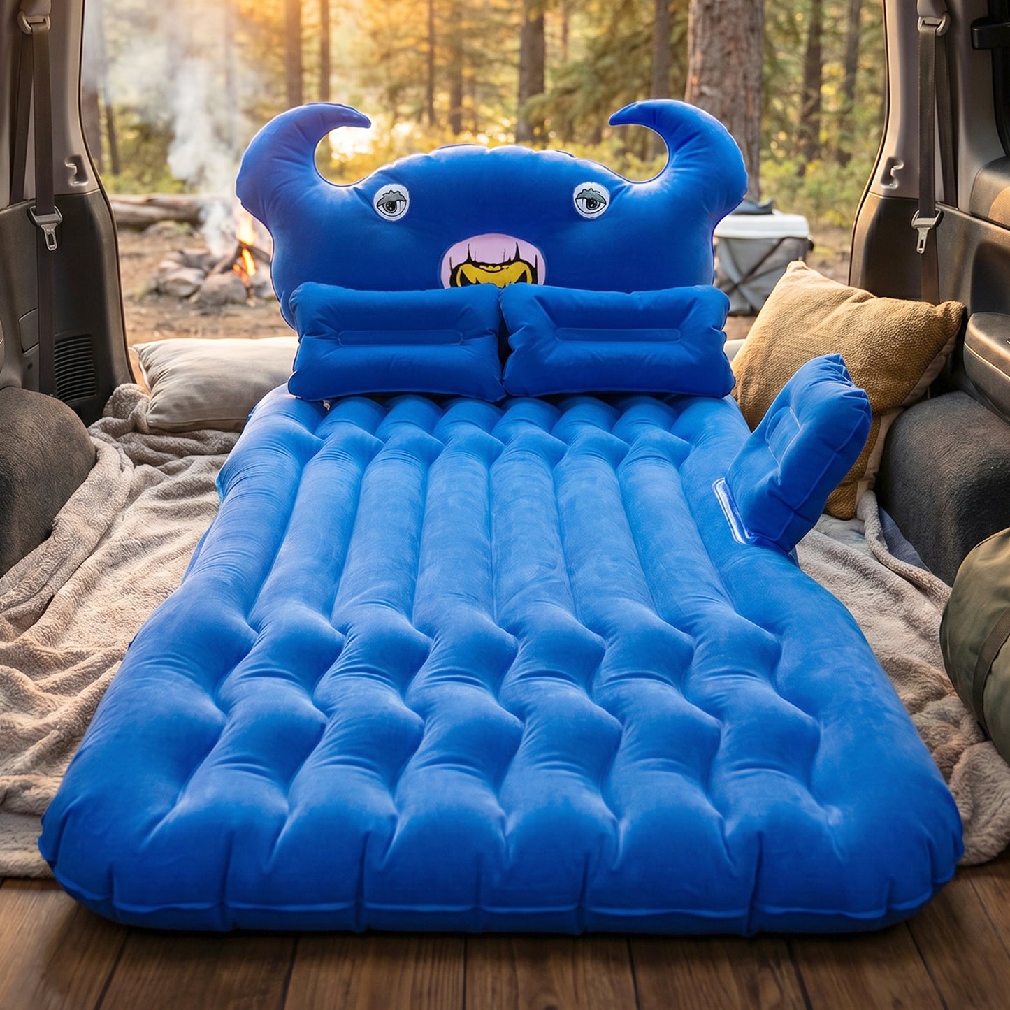 Wukusy car air mattress bed set with inflatable cushions and pump, shown inflated inside a vehicle for comfortable travel rest.