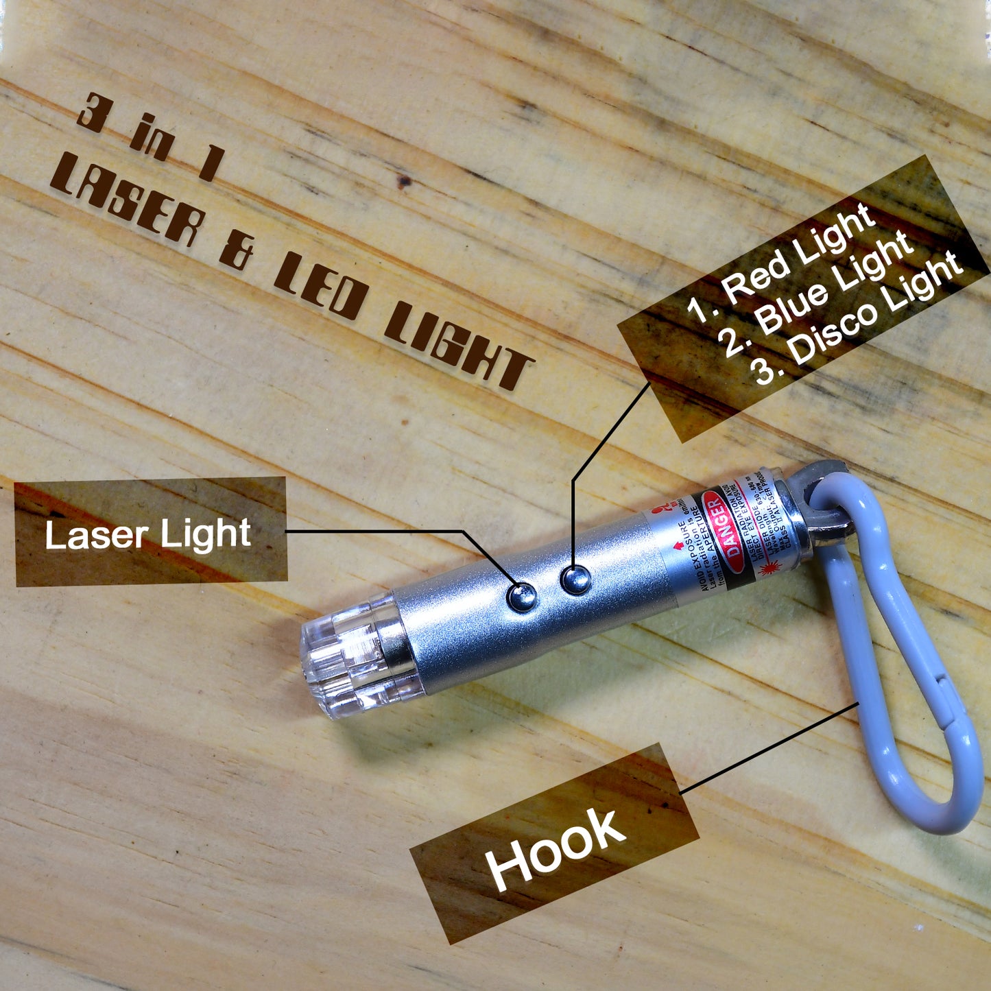 Wukusy 3-in-1 laser light, LED flashlight, and torch keychain with laser pointer, compact toy with multiple lighting features.