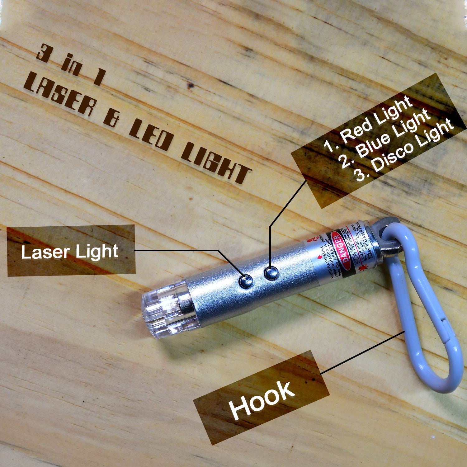 Wukusy 3-in-1 laser light, LED flashlight, and torch keychain with laser pointer, compact toy with multiple lighting features.