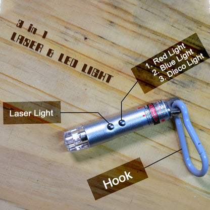Wukusy 3-in-1 laser light, LED flashlight, and torch keychain with laser pointer, compact toy with multiple lighting features.