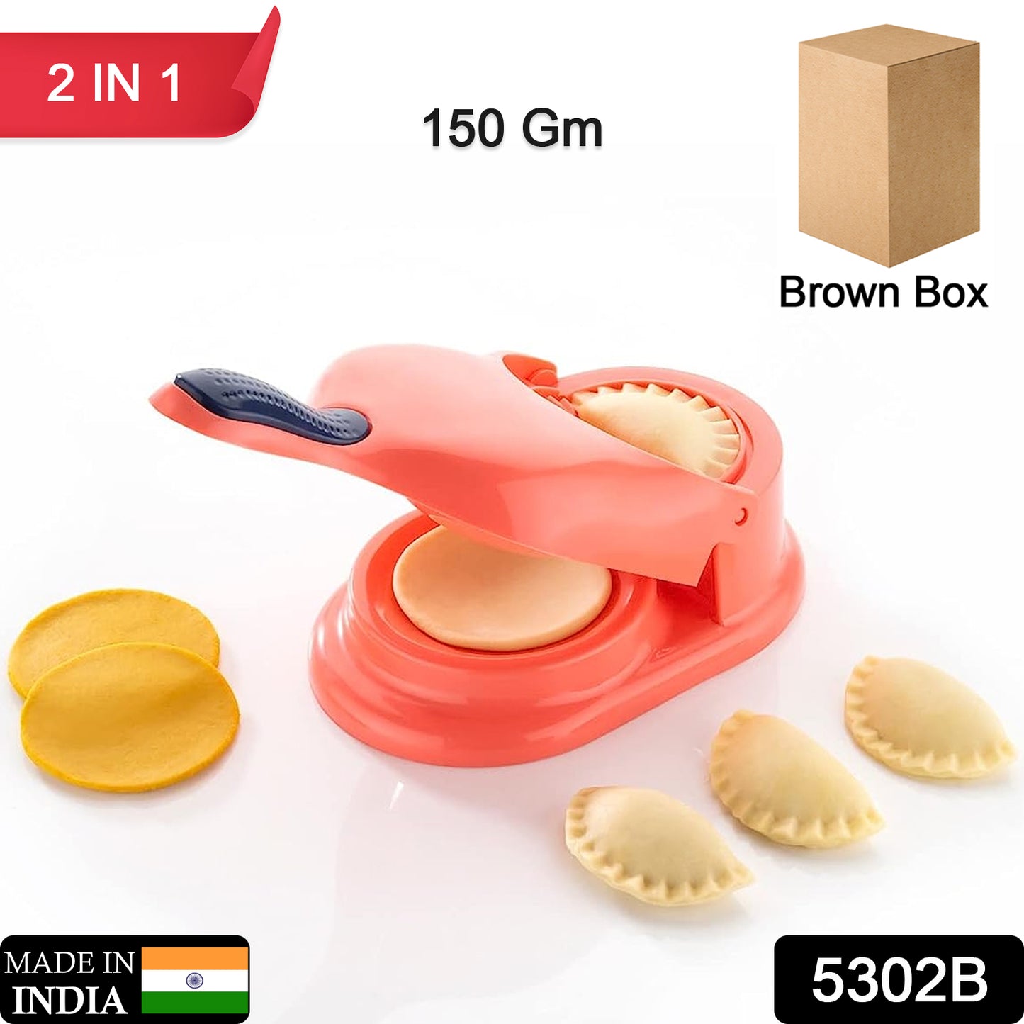Wukusy 5302b dumpling skin press mold for making gujiya, ghughra, momos, and dumplings in a home kitchen setting.