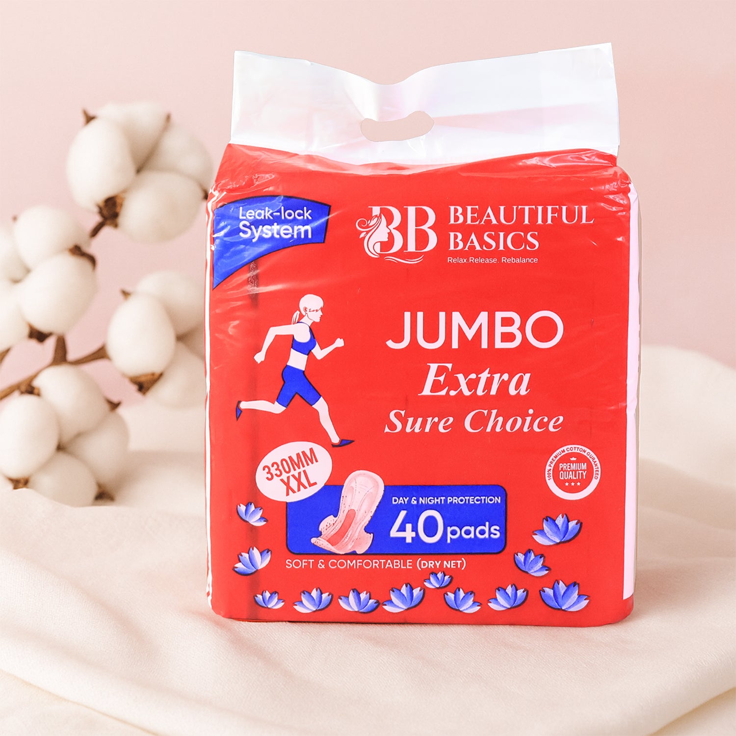 Wukusy Beautiful Basics jumbo extra sanitary pads, XXL 330mm, 40-pack, in a sealed package for health care use