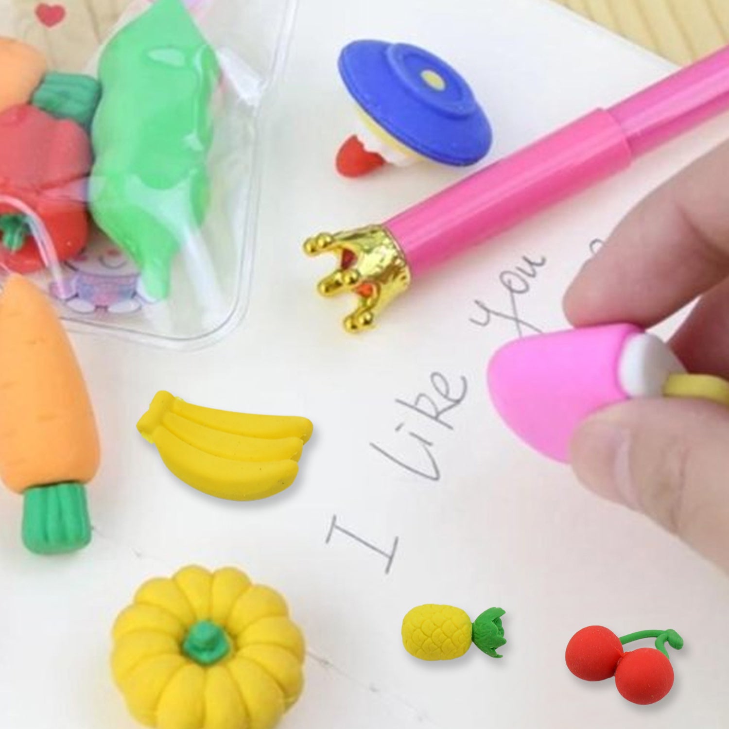 Set of three colorful Wukusy Mix Design Fancy Stylish Erasers featuring vibrant, creative office accessory styles.