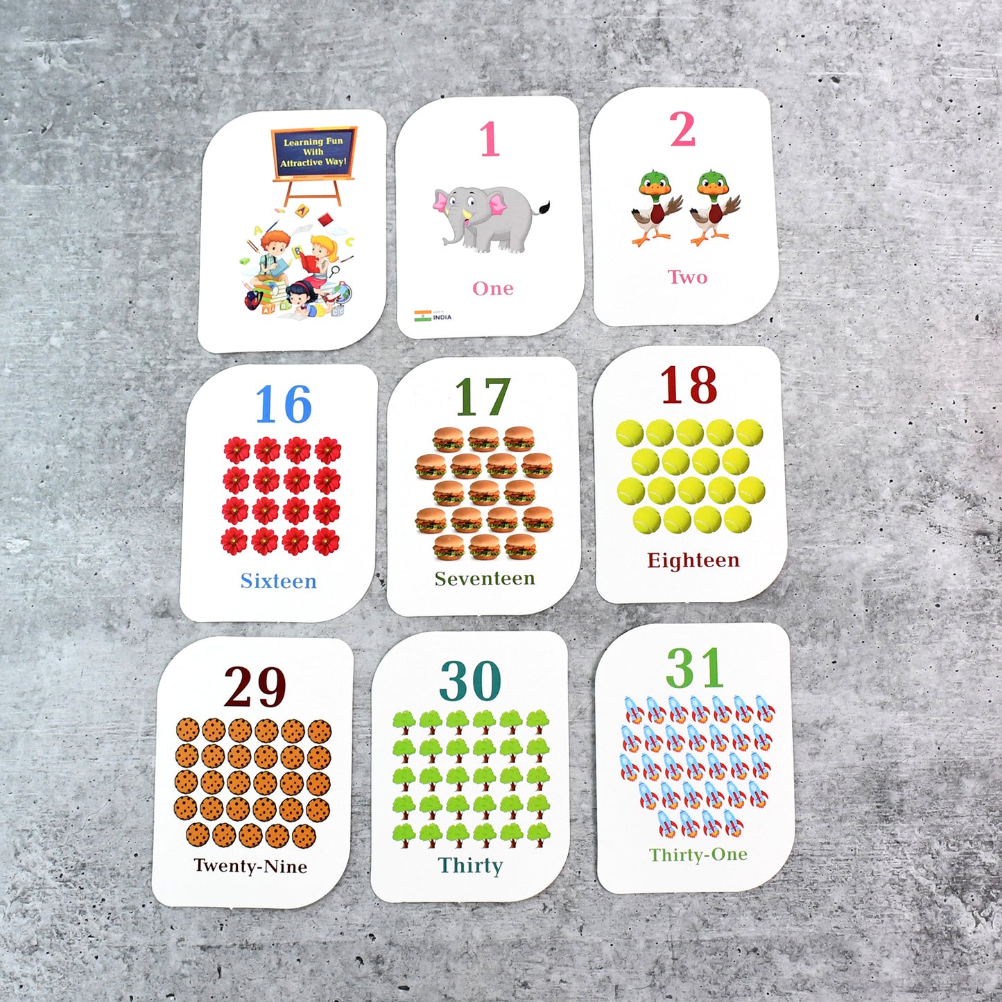 Wukusy Kid Kraft Early Learner 32-piece number flashcard set for kids, featuring colorful educational toys for early math skills.