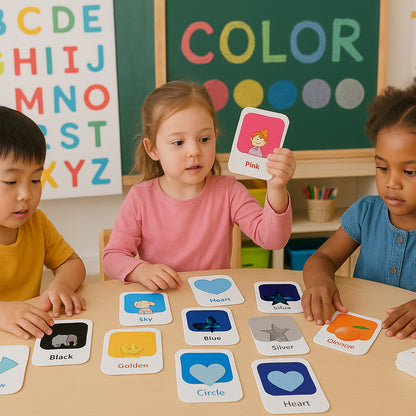 Wukusy Kidkraft Early Learner 32-piece color and shape flashcard set for kids, featuring bright illustrations and educational design.