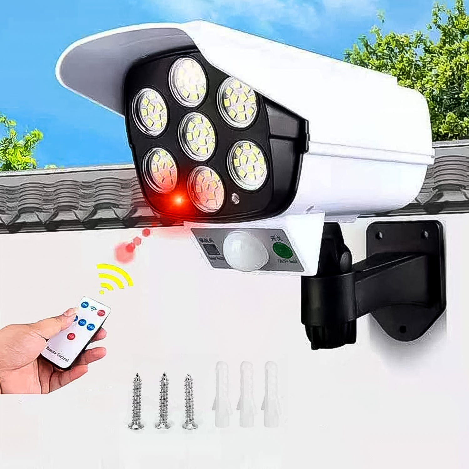 Wukusy solar outdoor motion sensor security camera dummy wall lamp, realistic black plastic design for outdoor security appearance