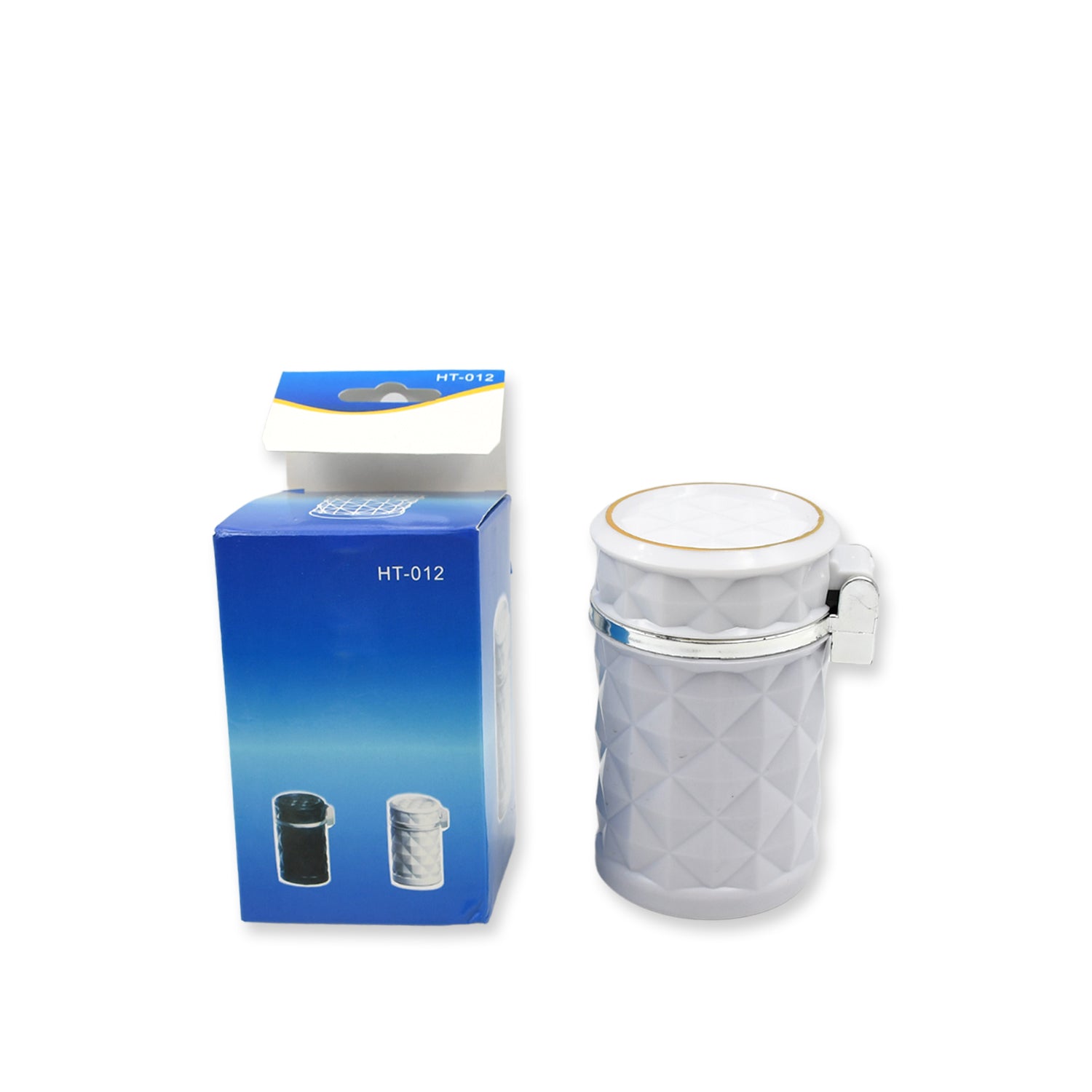 Wukusy 7932 car cupholder travel ashtray with lid, blue LED light, portable design, ideal for cigarette and cigar ash disposal.