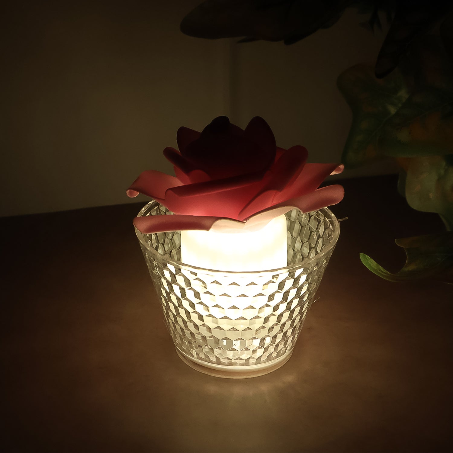 Set of six Wukusy LED rose flower flameless tealight candles for home decor, with soft glowing light and realistic floral design.