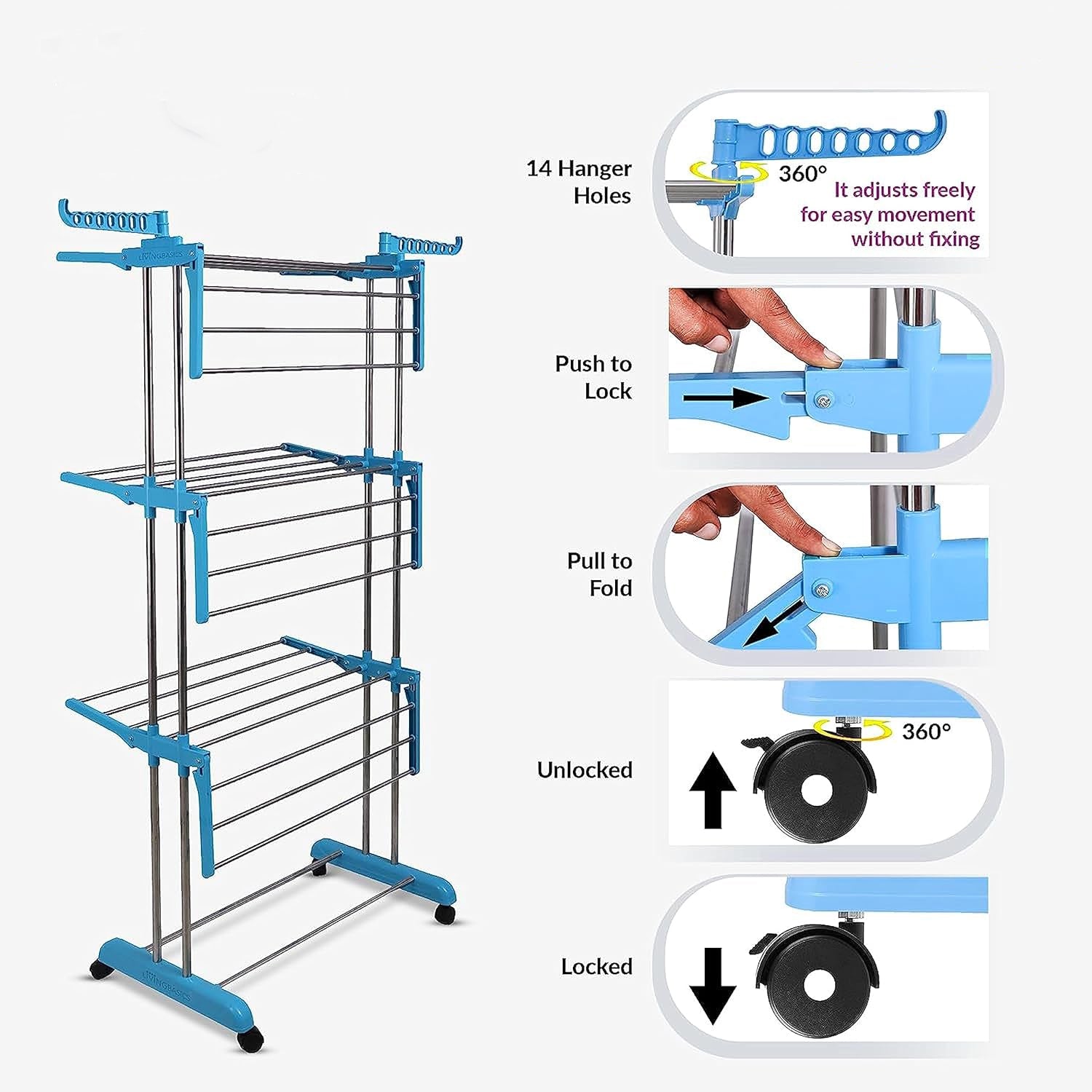Wukusy premium heavy-duty stainless steel 3-layer foldable cloth drying stand with colorful box packaging