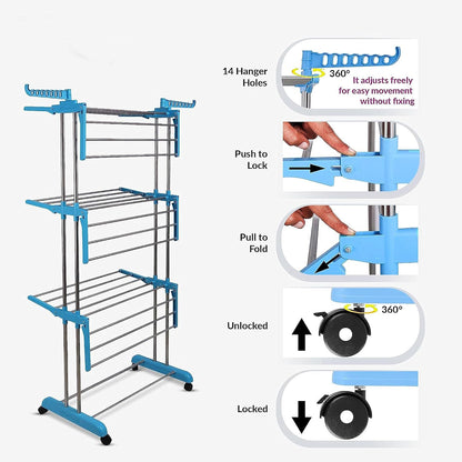 Wukusy premium heavy-duty stainless steel 3-layer foldable cloth drying stand with colorful box packaging