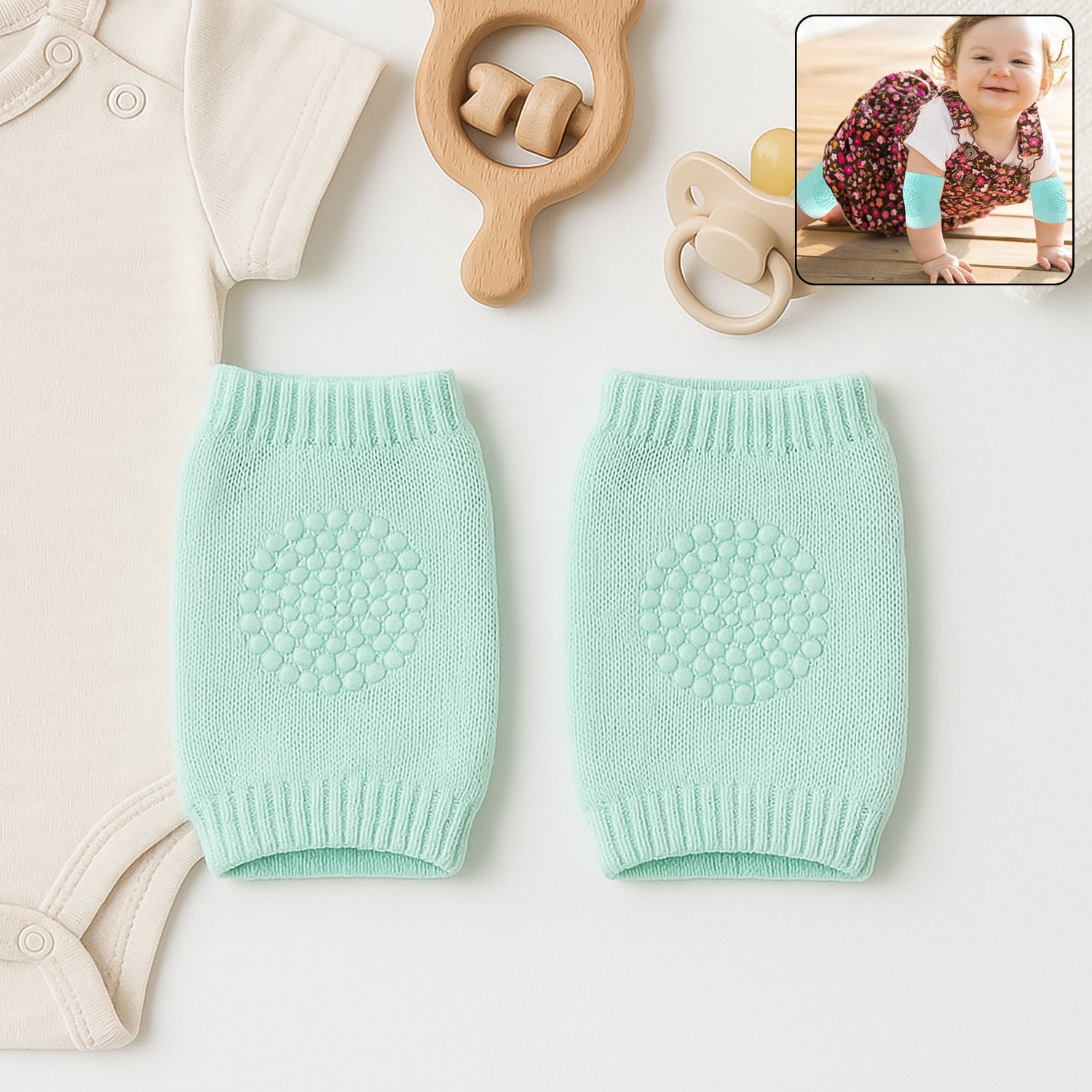 Mint green toddler wool knit leg warmer with knee guard from Wukusy, designed for baby care and gentle warmth.
