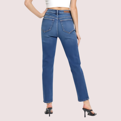 Pair of women's high rise classic slim straight denim jeans from Snazzyway, showcasing the dark wash and clean front design.