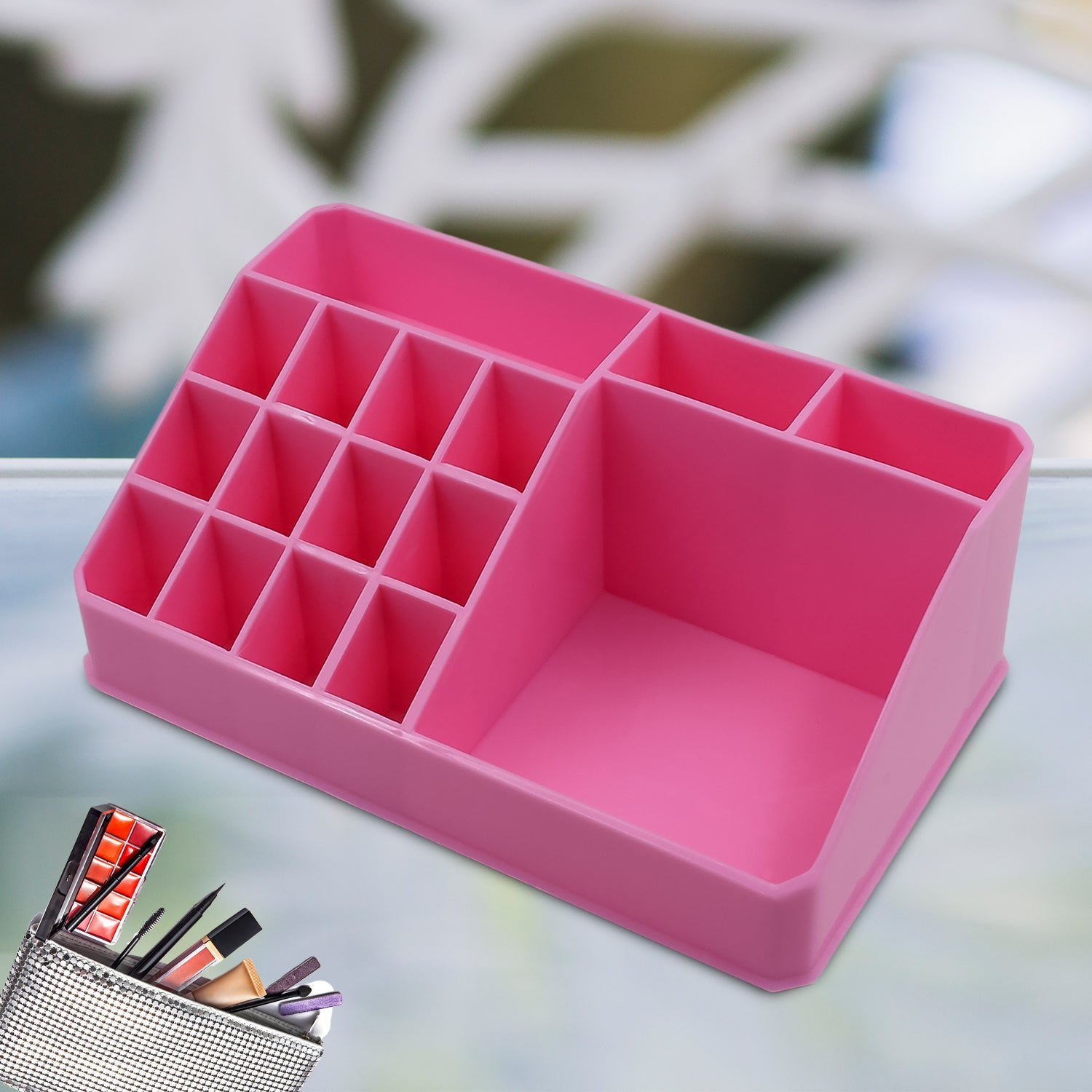 Wukusy makeup organiser with drawers for lipstick, cosmetics, and skincare products in a clear plastic storage box.
