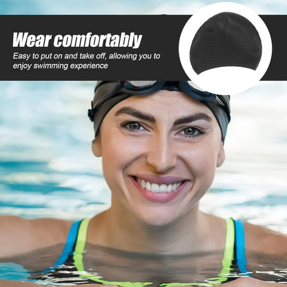Wukusy premium silicone waterproof swimming cap for sports, shown on a model's head, designed to keep hair dry during swimming.