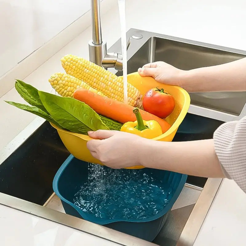 Plastic kitchen washing bowl with strainer drainer basket by Ekom, ideal for home kitchen washing and food prep.