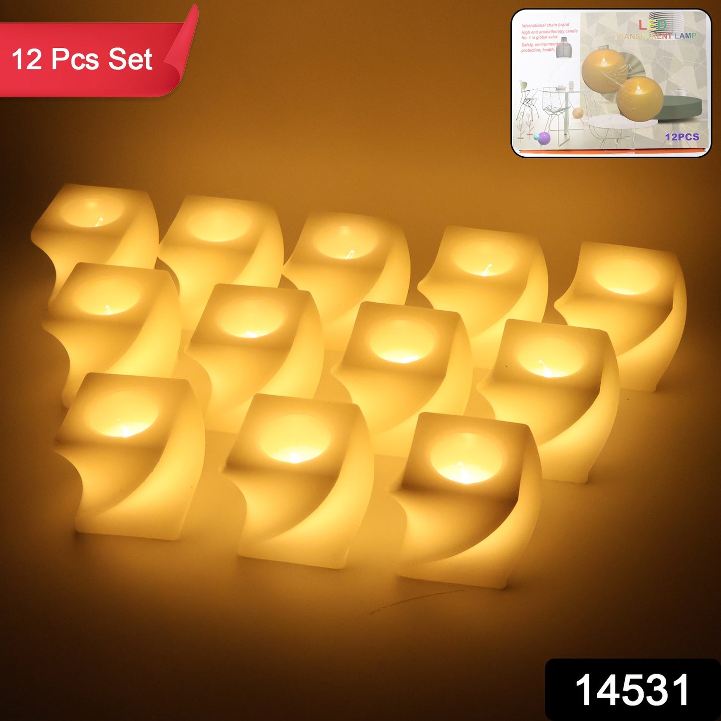 Set of 12 Wukusy LED flameless decorative square tealight candles for home decor, showcasing soft glowing lamps.