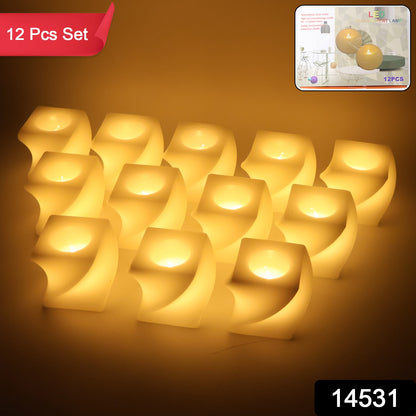 Set of 12 Wukusy LED flameless decorative square tealight candles for home decor, showcasing soft glowing lamps.