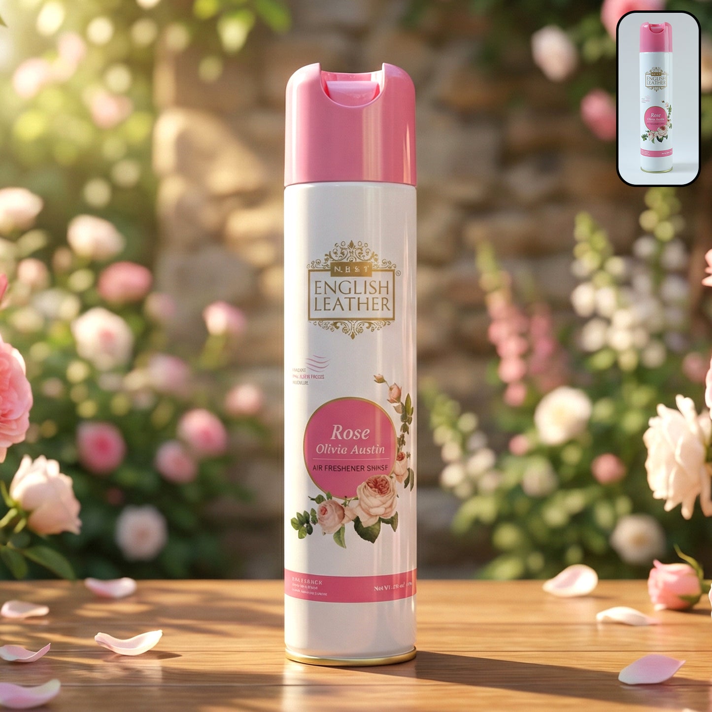Next Premium English Leather Rose air freshener spray by Wukusy, 220 ml bottle with a sleek design and floral rose accents.