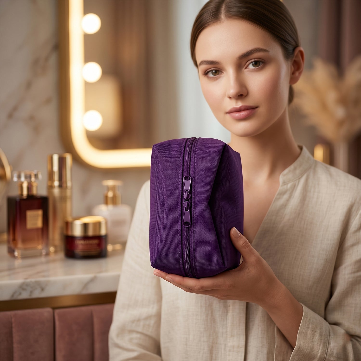 Wukusy multipurpose travel makeup organizer storage bag with multiple compartments for cosmetics and toiletries.