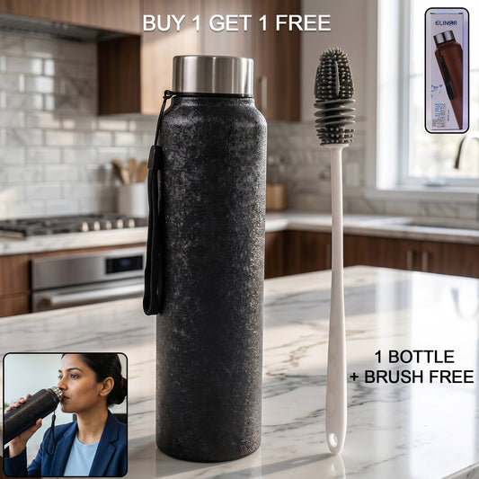 Stainless steel water bottle from Wukusy with a cleaning brush and bottle, shown with the bottle and accessories on a plain background.