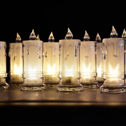 Set of 12 Wukusy flameless melted design candles for home decor, featuring large, realistic-looking LED candles in a decorative arrangement.