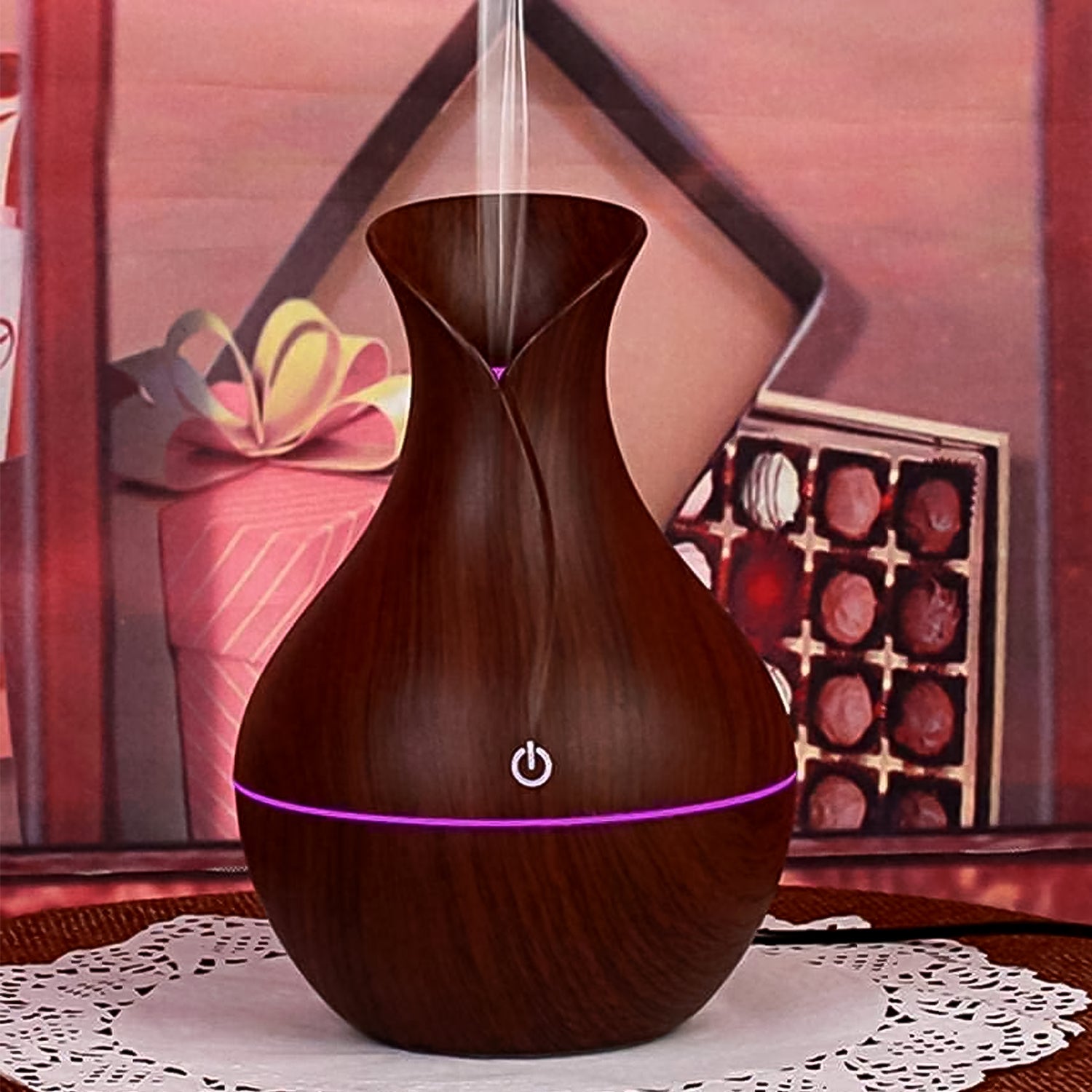 Wukusy mini wooden vase diffuser humidifier for office, cool mist atomization, 130ml capacity, decorative wooden design