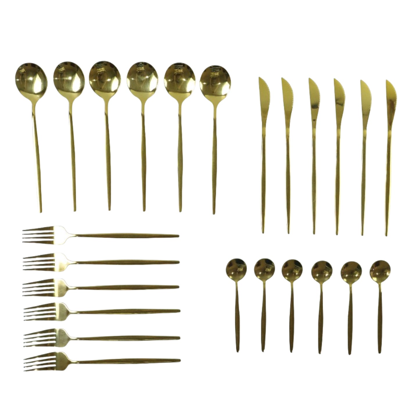 Wukusy premium gold finish stainless steel cutlery set with 24 pieces displayed in a luxury gift box on a wooden table.