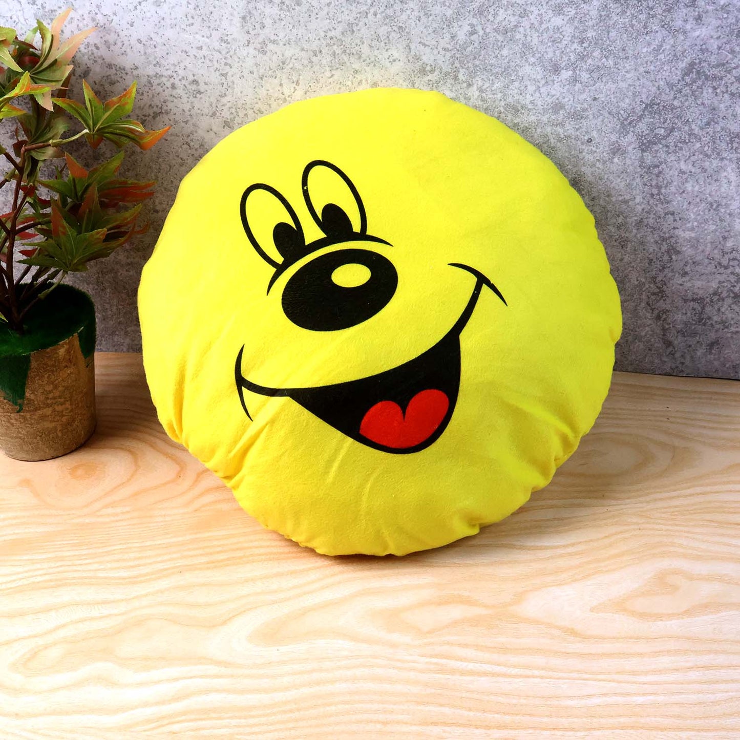 Wukusy cute round smiley face soft pillow cushion, 30x30 cm, plush fabric with cheerful yellow smiley design.