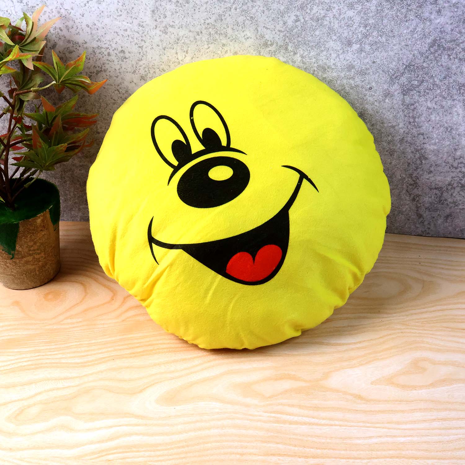 Wukusy cute round smiley face soft pillow cushion, 30x30 cm, plush fabric with cheerful yellow smiley design.