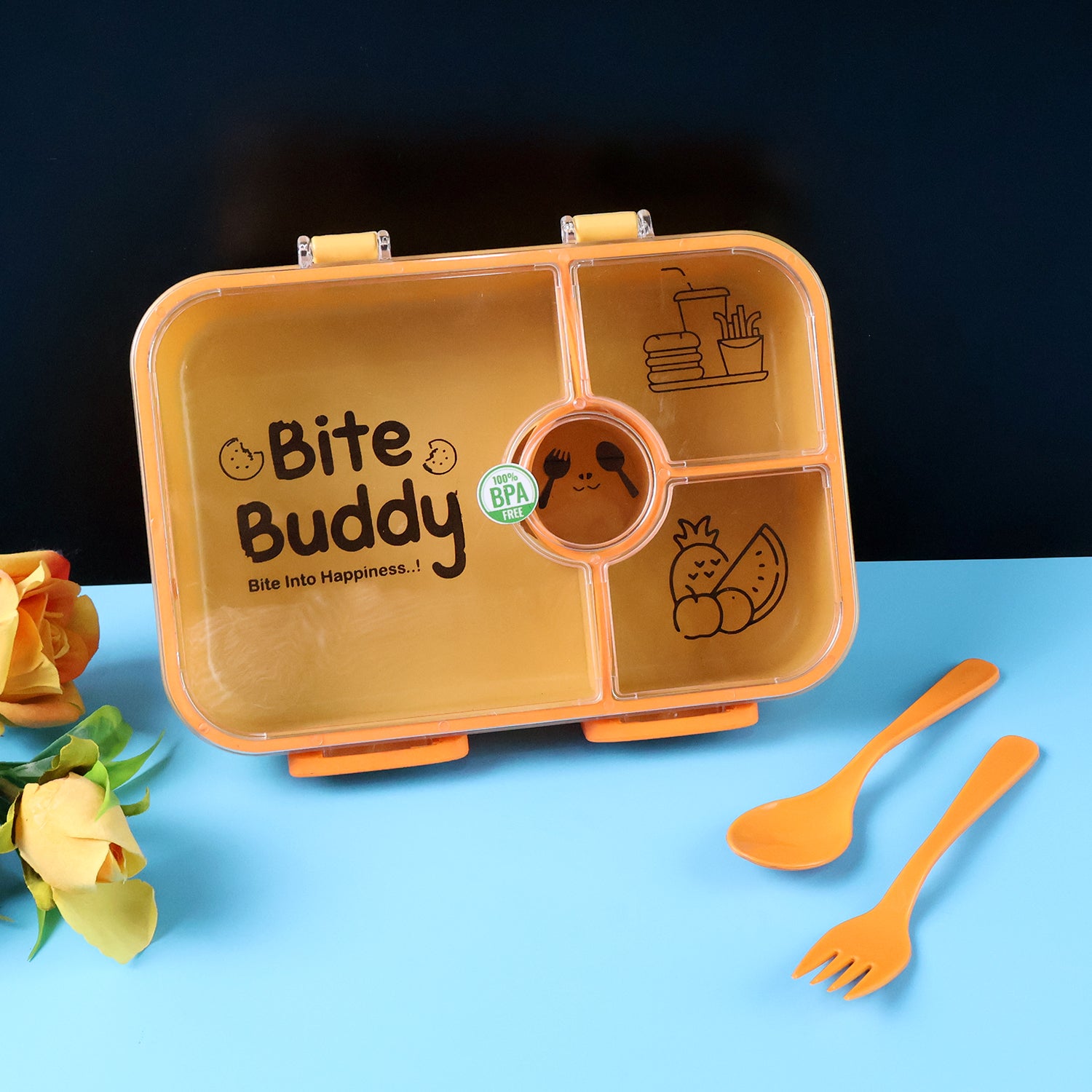 Wukusy Bite Buddy plastic lunch box with four compartments, leak-resistant design, includes spoon and fork for meal packing.