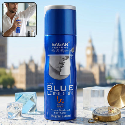 Wukusy Sagar Just Blue London perfume body spray deodorant for men, 200ml, featuring a sleek blue bottle design.