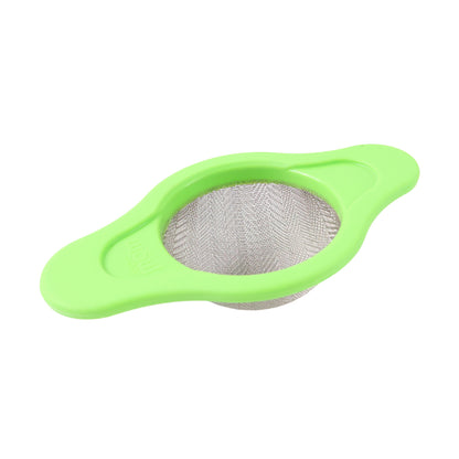 Wukusy stainless steel mesh strainer with dual handle plastic frame, ideal for sifting and straining in the kitchen.