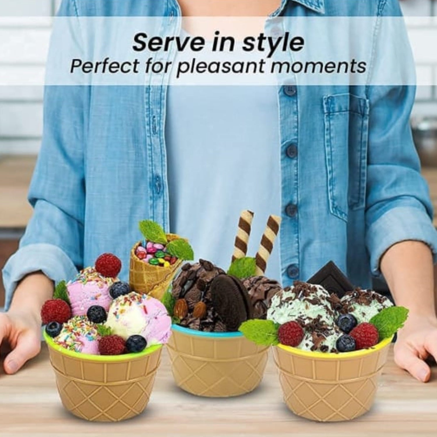 Wukusy 12-piece plastic ice cream bowl and spoon set in multicolor, solid cream cups with matching spoons for desserts.