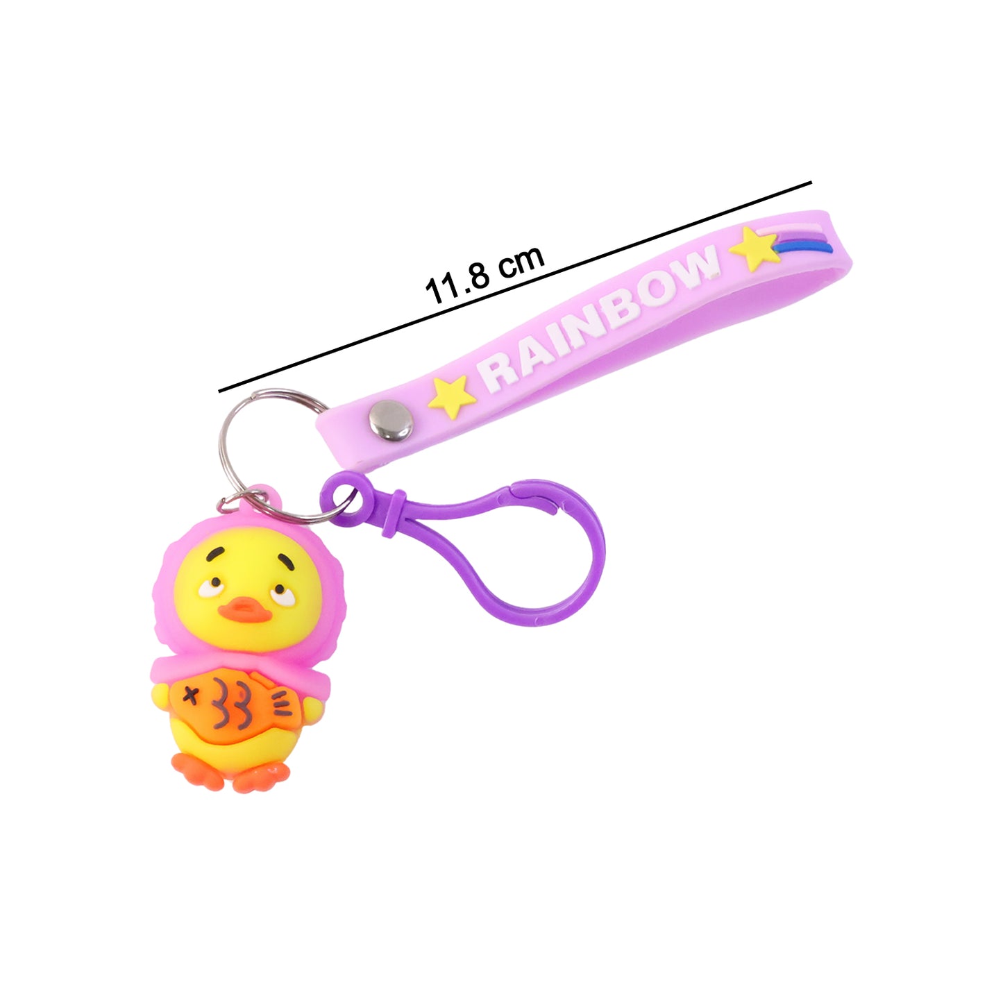 Cute cartoon duck keychain by Wukusy featuring a bright yellow duck with big eyes and a silver keyring.