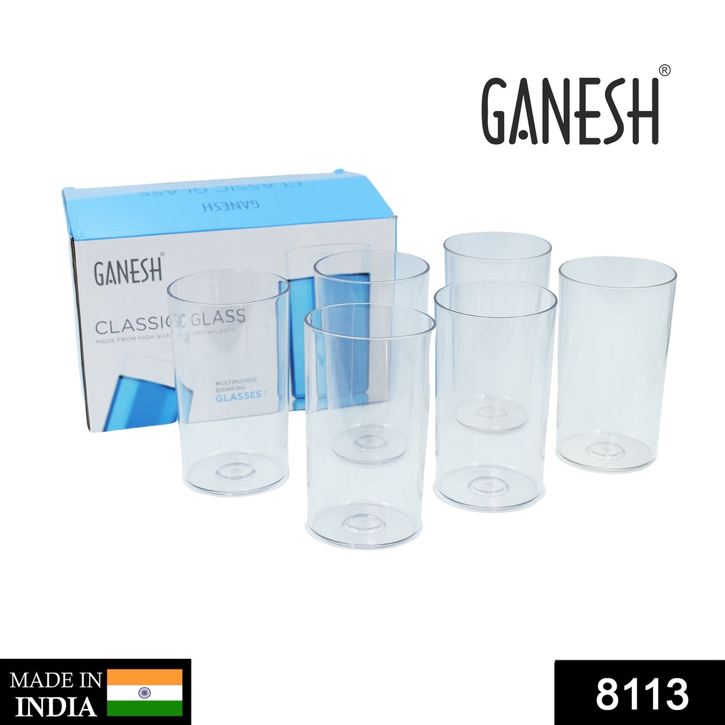 Set of six Wukusy Ganesh classic glassware, 350ml each, featuring intricate design for home and kitchen use