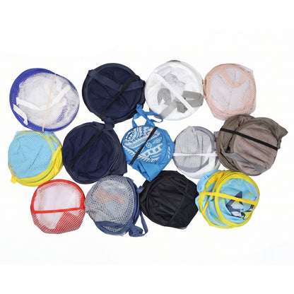 Foldable mesh laundry basket by Wukusy with a mix of designs, used for storing clothes, lightweight and collapsible for convenience.