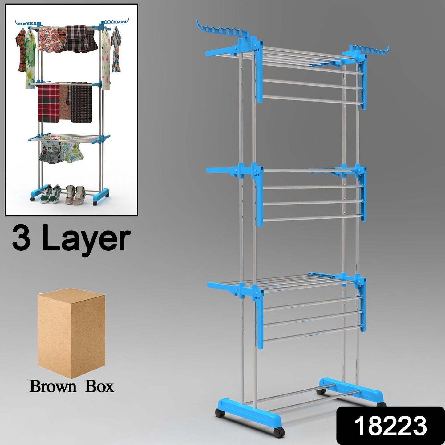 Wukusy heavy-duty stainless steel 3-layer foldable cloth drying stand with brown box, versatile indoor and outdoor laundry rack