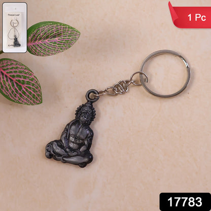 Premium Hanuman Ji metal keychain in sitting pose, spiritual accessories by Wukusy, detailed depiction of the deity.