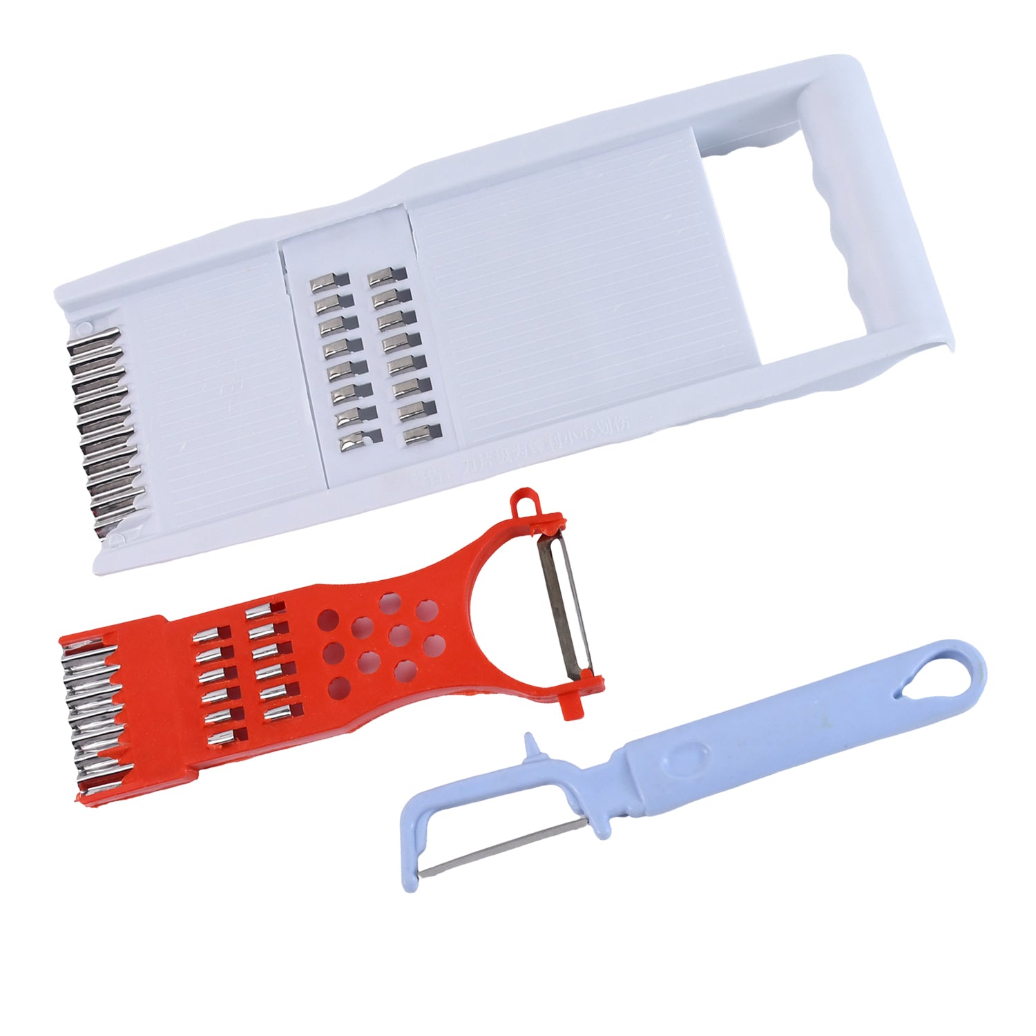 Wukusy 3-in-1 kitchen grater set with slicing attachment and peeler, featuring stainless steel blades for versatile food prep.