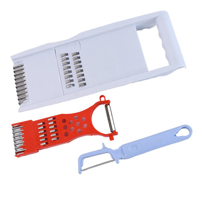 Wukusy 3-in-1 kitchen grater set with slicing attachment and peeler, featuring stainless steel blades for versatile food prep.