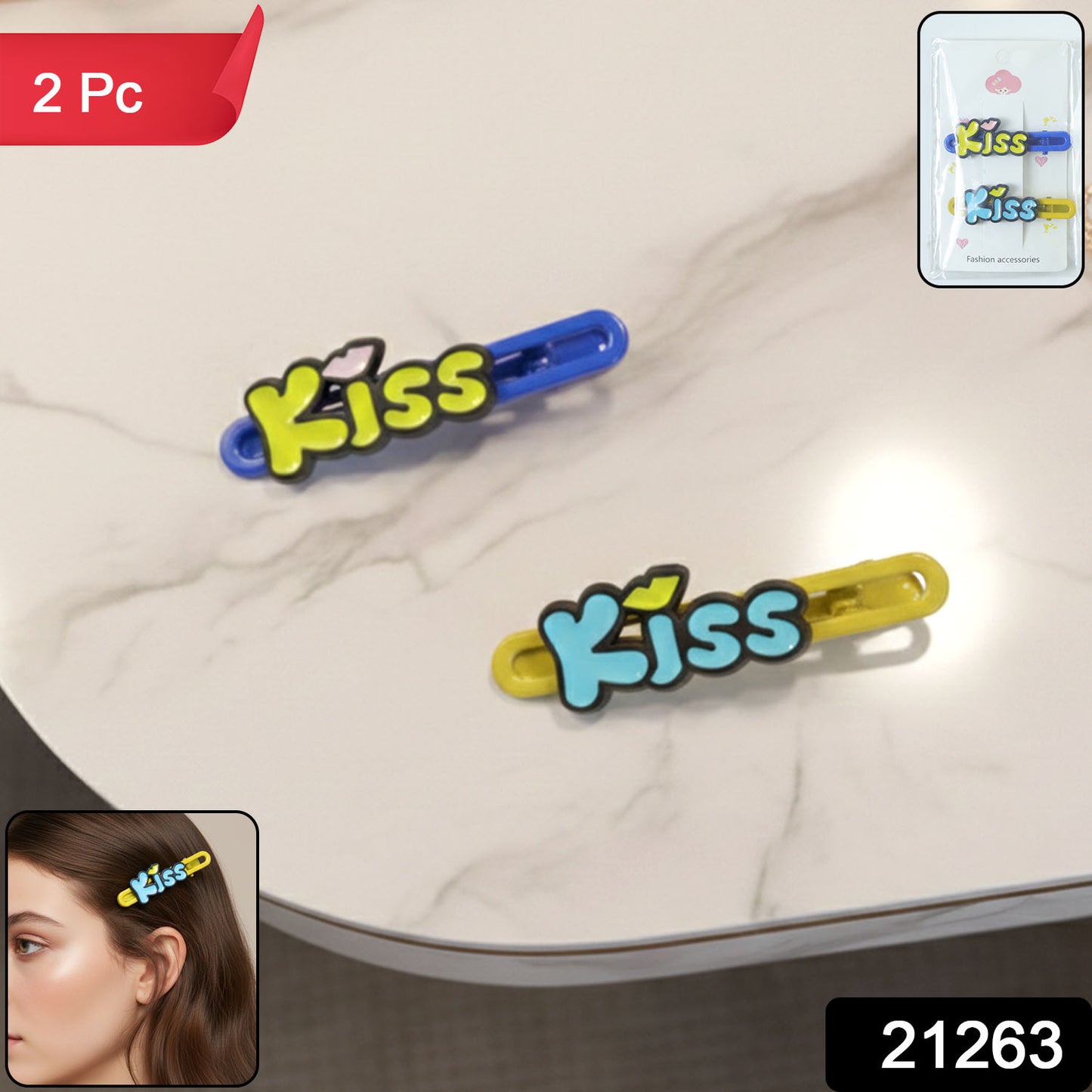 Pair of Wukusy Cute Kiss Text Hair Clips in a 2-piece set, featuring playful kiss designs on shiny hair accessories.