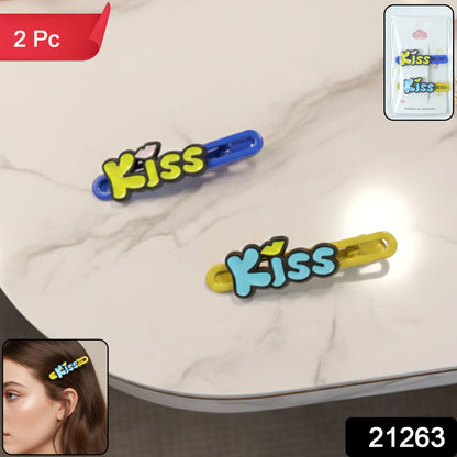 Pair of Wukusy Cute Kiss Text Hair Clips in a 2-piece set, featuring playful kiss designs on shiny hair accessories.