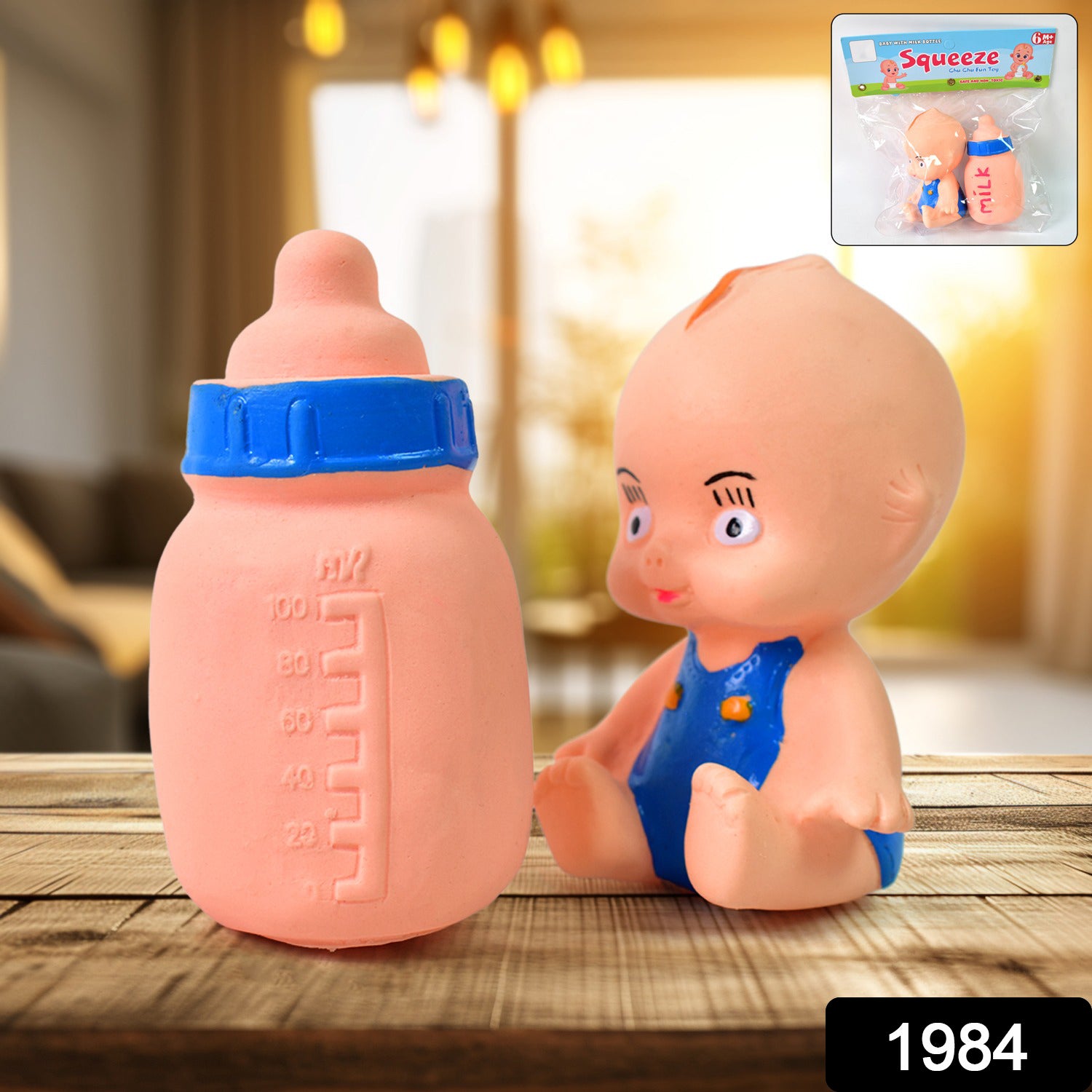 Two Wukusy Baby and Bottle Squeeze Chu Chu Fun Toys, colorful soft toys for infants, with playful designs and easy-to-squeeze textures.