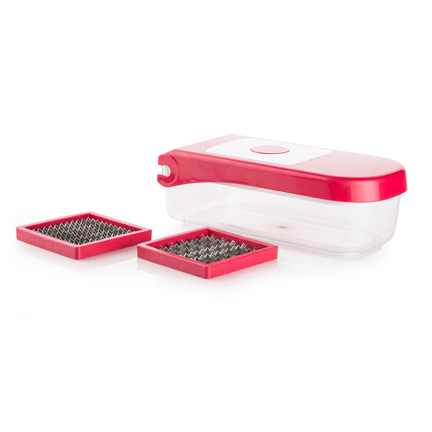 Red Wukusy 8102 Ganesh plastic vegetable and fruit chopper with stainless steel blades for efficient kitchen prep.