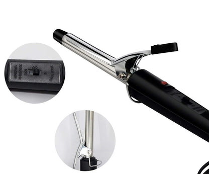 Black Wukusy 1343 hair curling iron rod for women, showing the curling barrel and handle in a health and beauty setting.