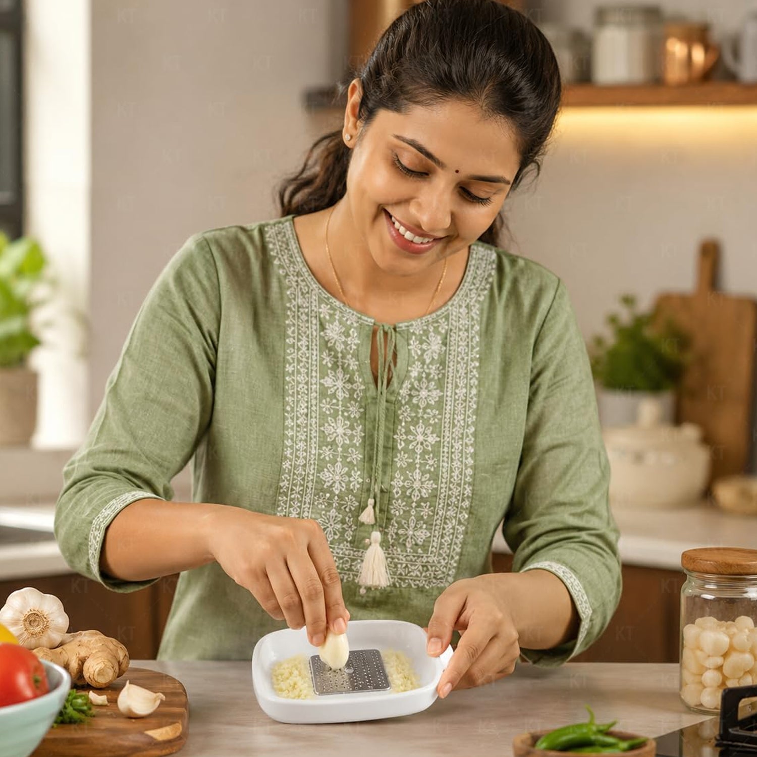 Wukusy garlic and ginger grater plate with textured surface for quick, mess-free food prep, shown with fresh garlic and ginger.