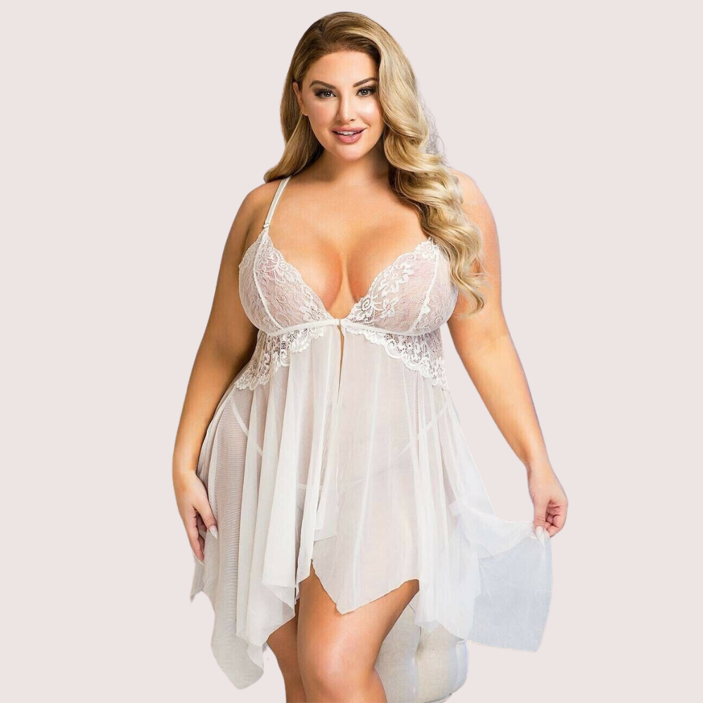 White lace trim babydoll by Snazzyway featuring delicate lace details and soft, sheer fabric for a feminine, elegant look.