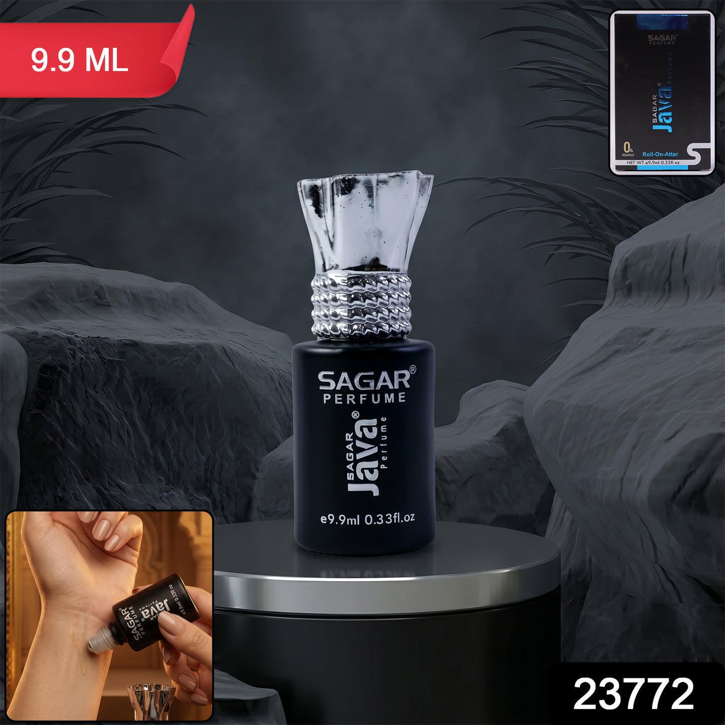 Wukusy Sagar Java Roll-on Attar perfume oil in 9.9ml bottle, alcohol-free fragrance for men and women, shown in image.