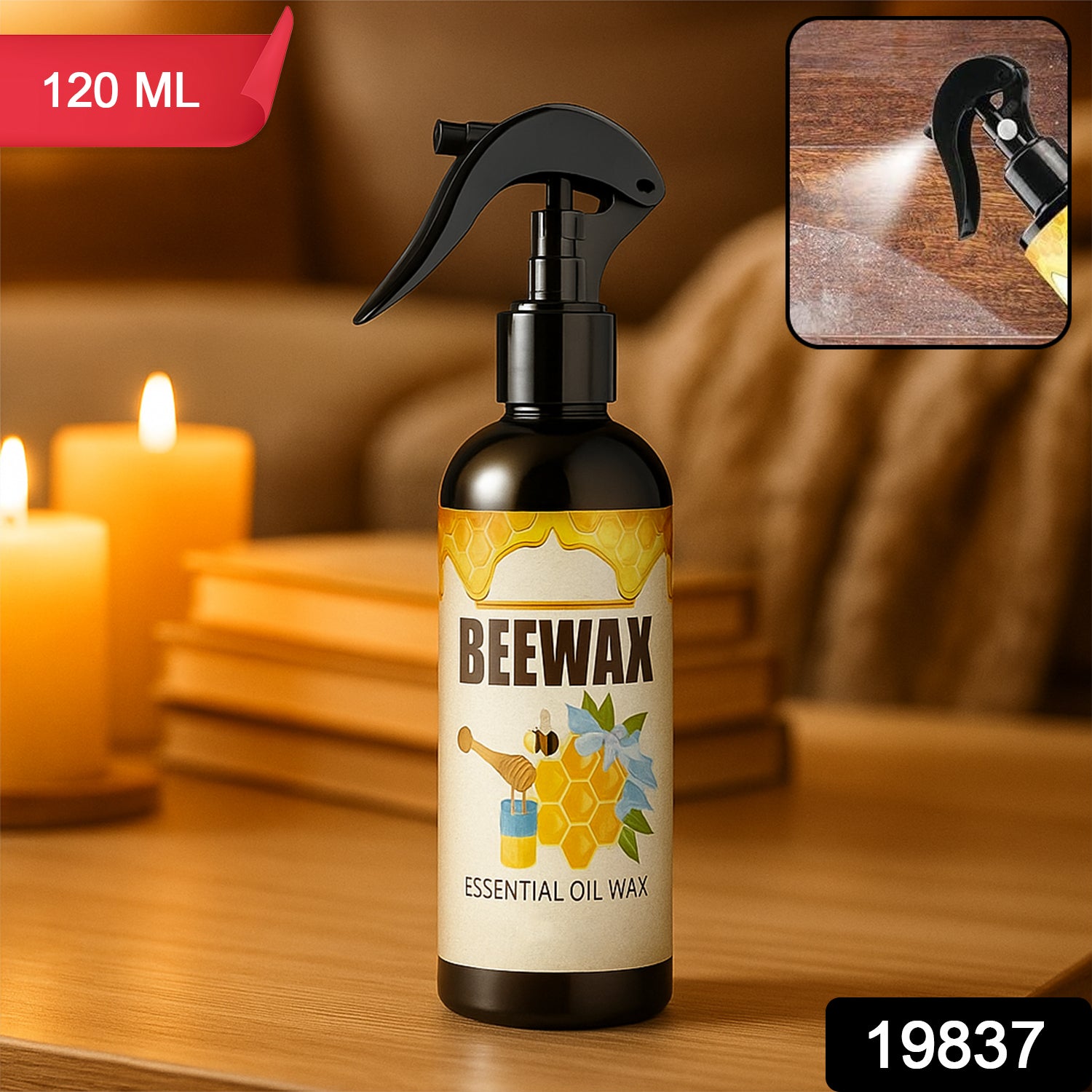 Wukusy beeswax essential oil wood polish spray set in 120ml bottles, showing natural wood finish and spray nozzle for furniture care.