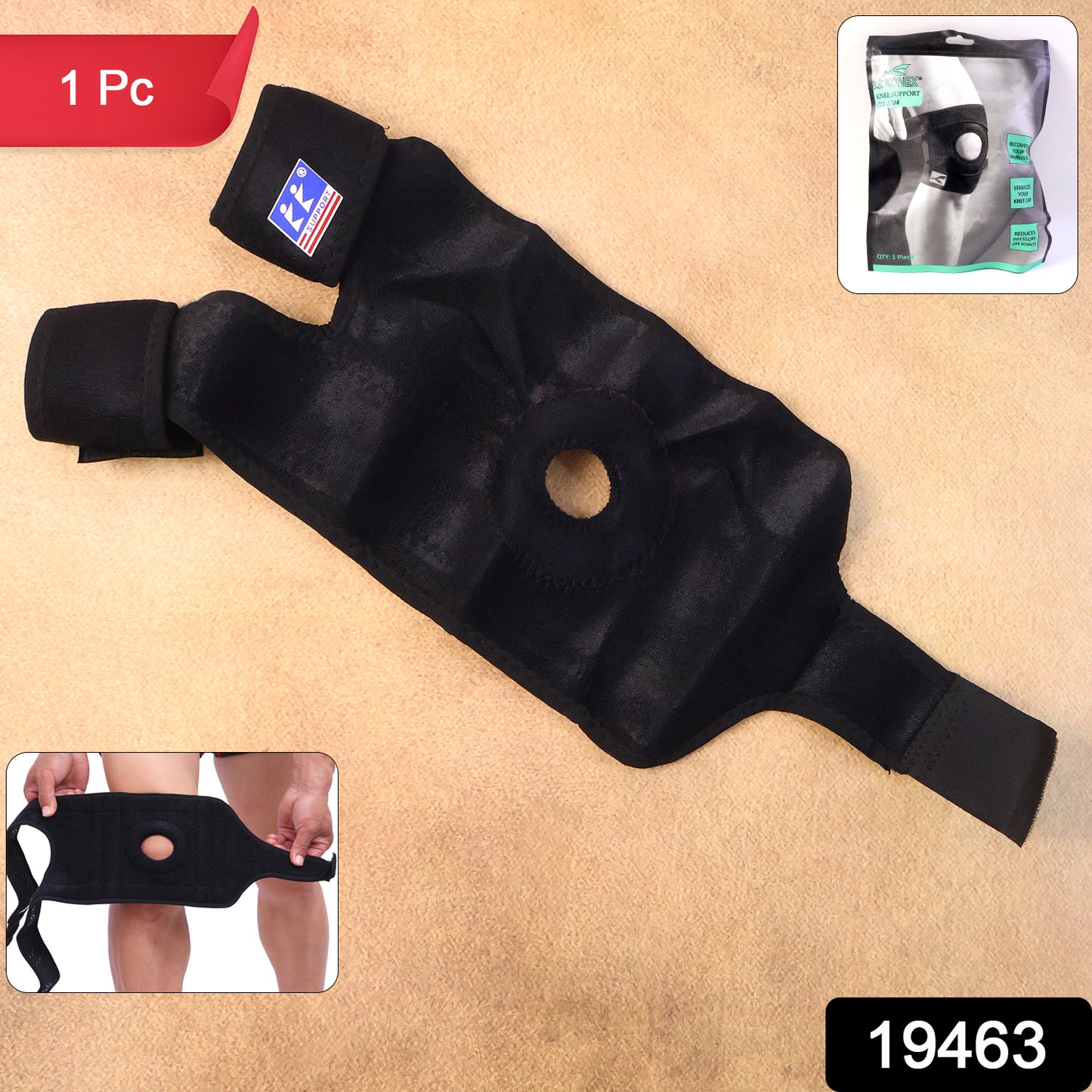 Adjustable elastic knee support brace by Wukusy, designed for sports, showing a close-up of the black knee brace on a person’s leg.